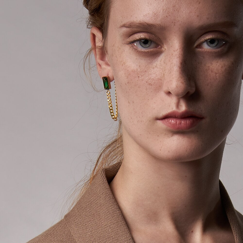ENFASHION Green Stone Drop Earrings For Women Gold Color Stainless Steel Brincos Chain Dangle Earings Fashion Jewelry 2020 E1194