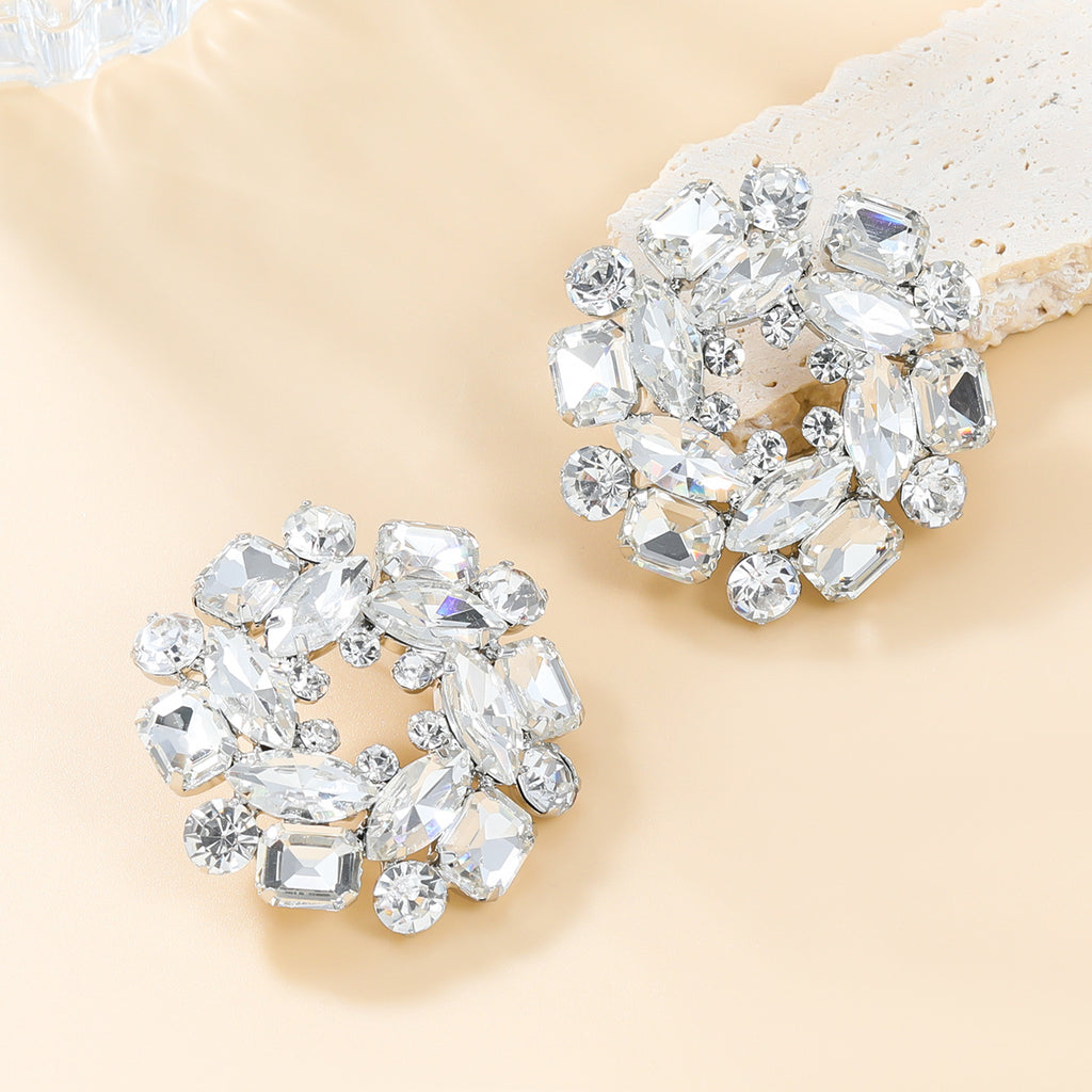 Exaggerated earrings, round floral earrings, women's full diamond banquet style, bridal earrings