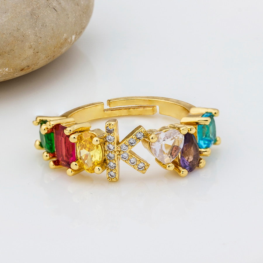 Hot Sale Adjustable A-Z Initial Ring Bohemian Copper Zircon  Rainbow Letter Rings for Women Girls Party Wedding Jewelry Gift