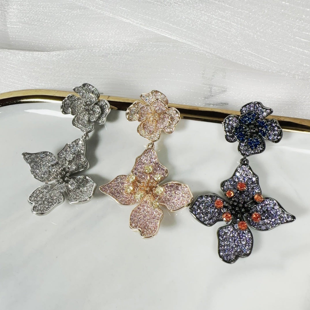 Fashionable and exquisite three-dimensional zirconium inlaid flower zircon earrings and earrings
