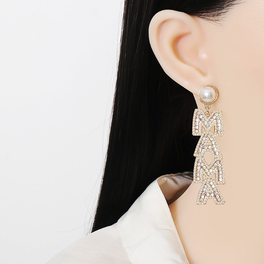 Minimalist Pearl Set Diamond Earrings Letter MAMA Earrings