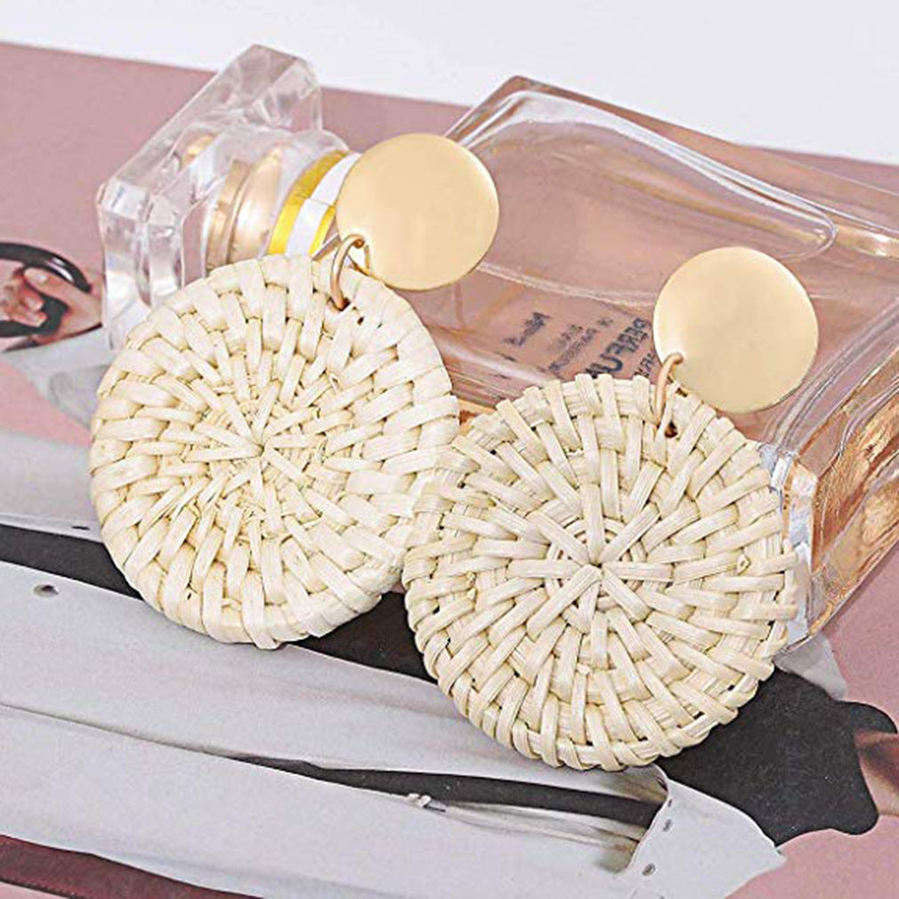 Rattan Round Cake Shaped Pendant Earrings Wooden Handmade Earrings