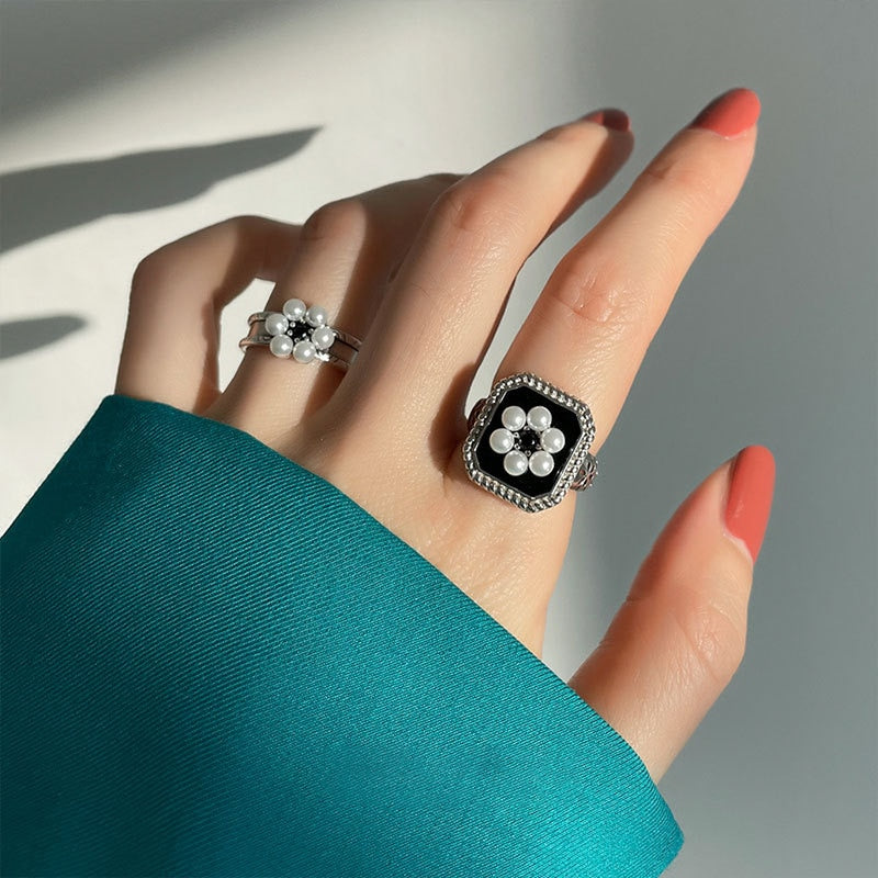 S925 Sterling Silver Rings for Women Fashion Simplicity Geometry Pearl Flower Adjustable Opening Rings Jewelry