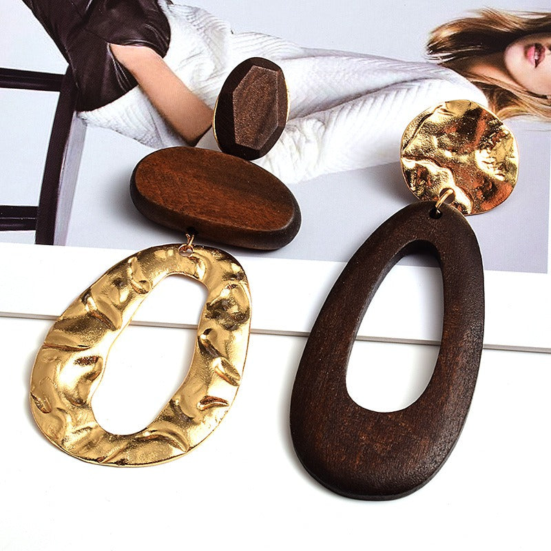 Wooden metal long earrings