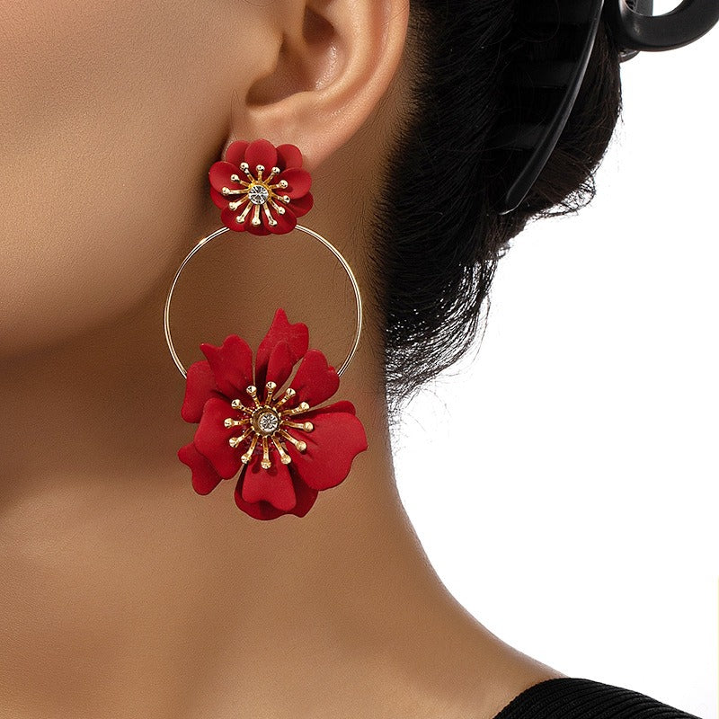 Camellia flower earrings with diamond inlaid flower earrings for women