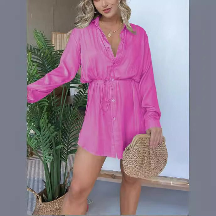 Fashion solid color long sleeved shirt jumpsuit