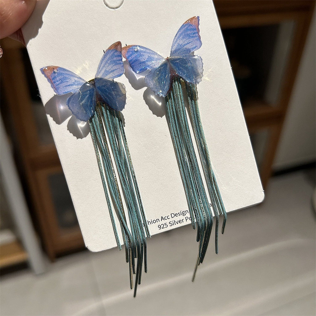 Butterfly long tassel earrings, design earrings, metal earrings, elegant earrings for women
