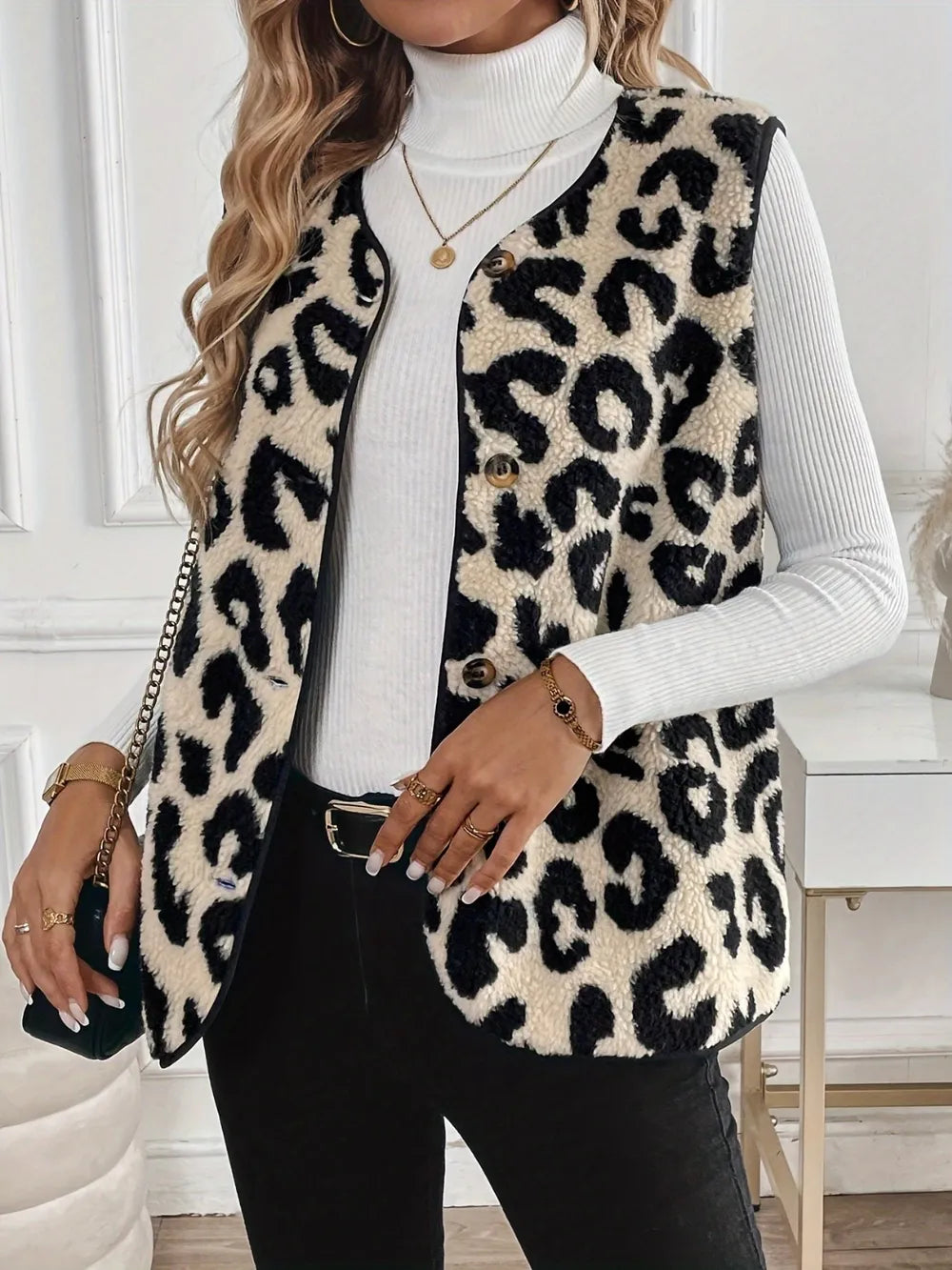 Leopard print front button plush fashion vest
