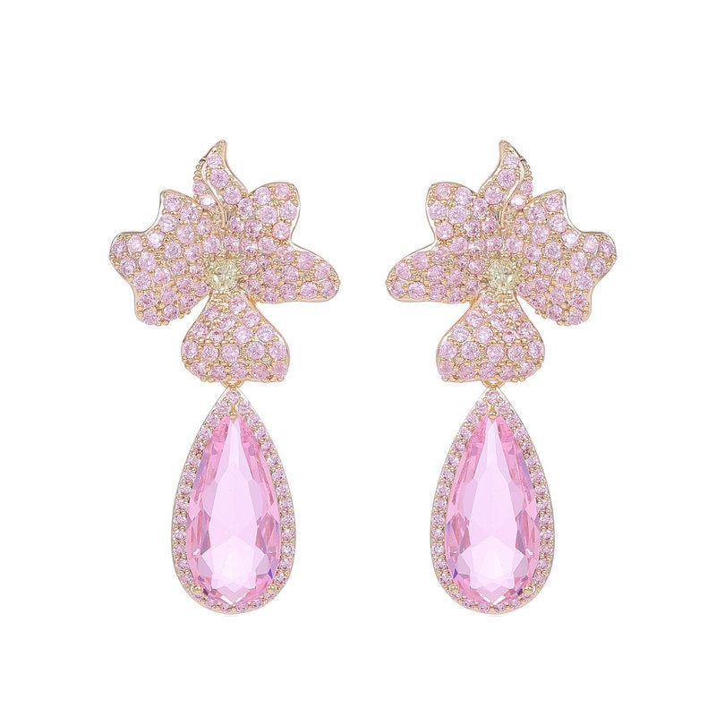 Zircon Earrings S925 Silver Needle Flower Water Drop Earrings