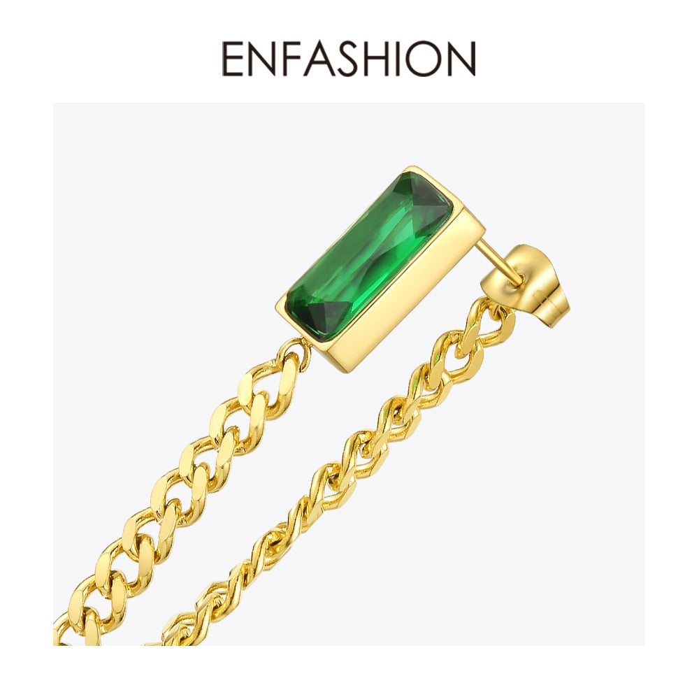 ENFASHION Green Stone Drop Earrings For Women Gold Color Stainless Steel Brincos Chain Dangle Earings Fashion Jewelry 2020 E1194