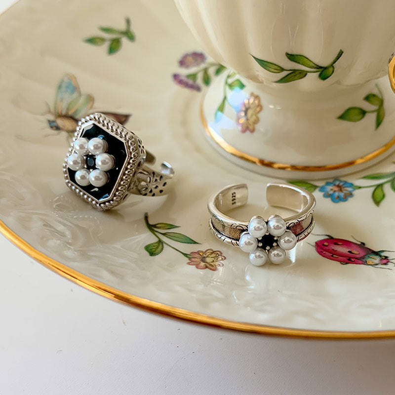 S925 Sterling Silver Rings for Women Fashion Simplicity Geometry Pearl Flower Adjustable Opening Rings Jewelry