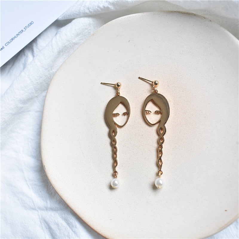Gold Color Hollow Long Hair Girls Face Imitation Pearl Drop Earrings Metal Cute Human Figure Long Dangle Earrings Woman Jewelry