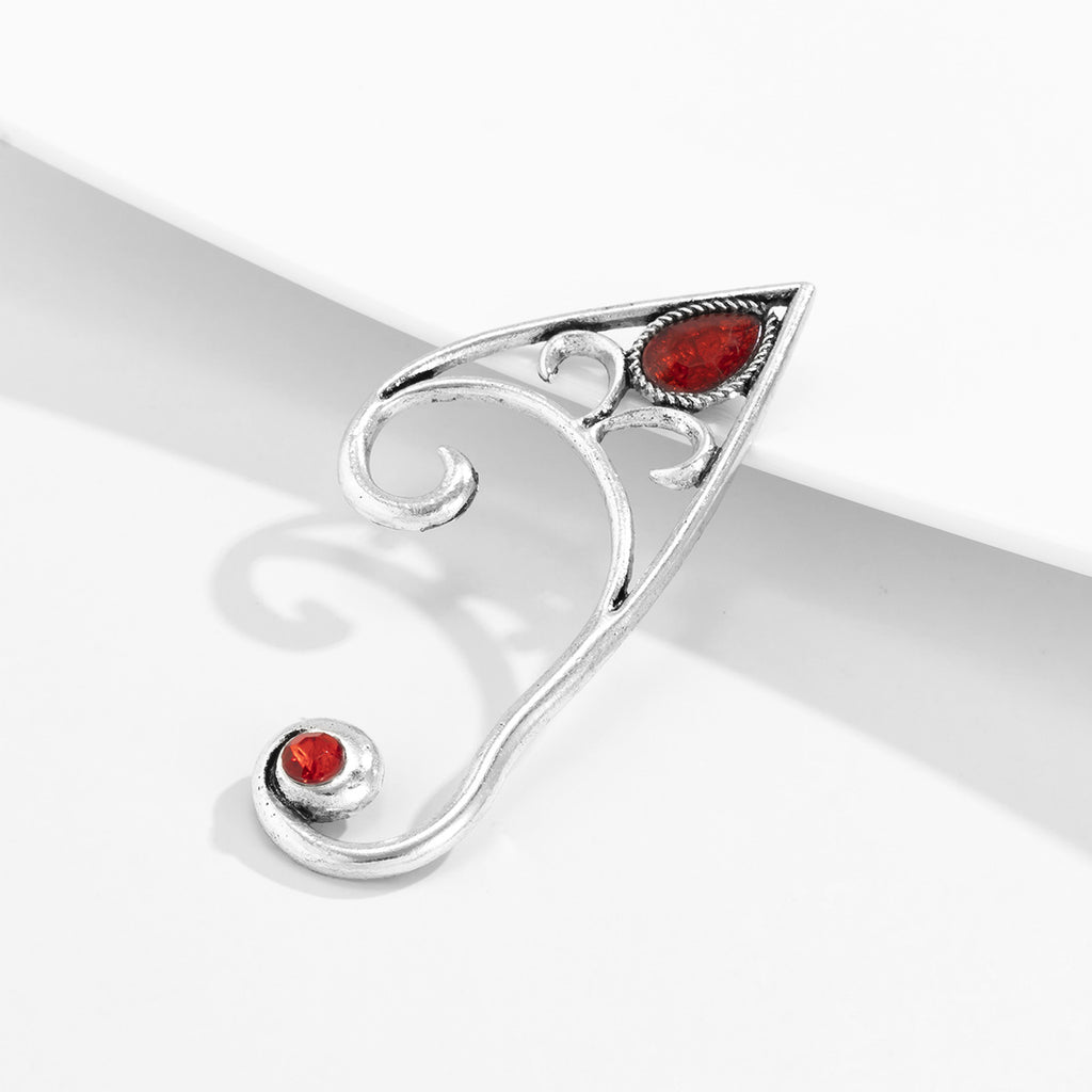 Retro red gemstone outline alloy ear hook clip, personalized hollow out ear hole free Halloween ear accessory