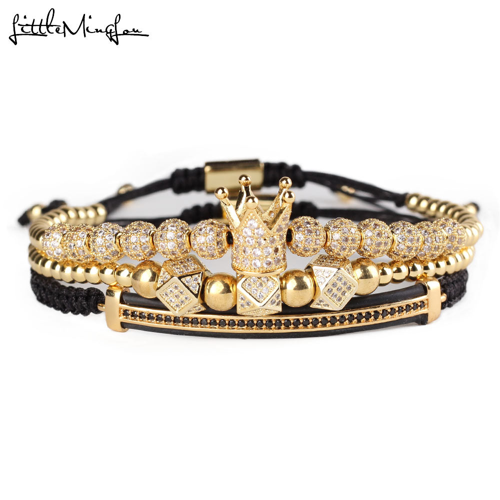 3pcs/set Luxury CZ polygon ball crown Charm copper bead Macrame handmade men Bracelets set bracelets & bangles for Men Jewelry