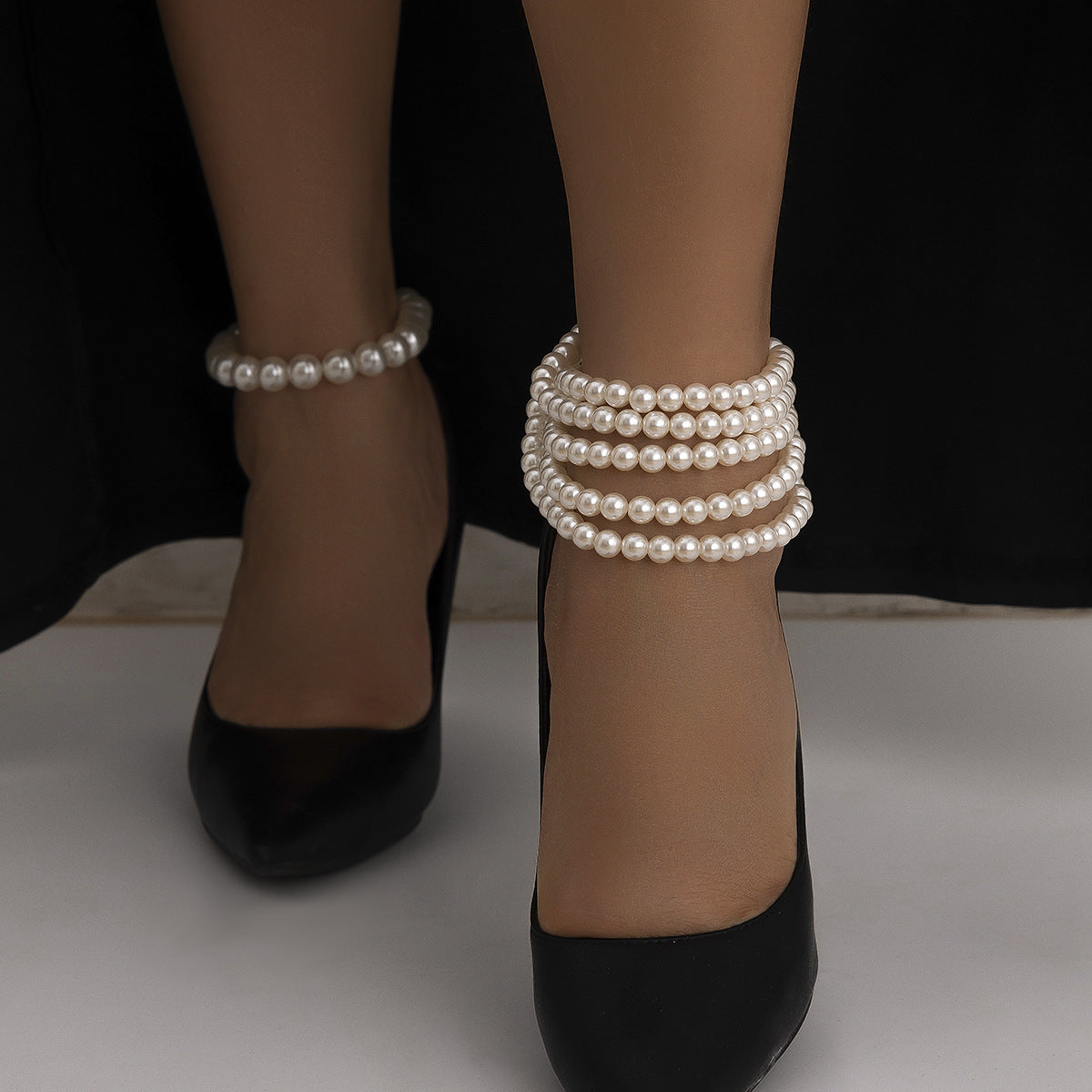 Light luxury style imitation pearl sexy chain ankle chain double-layer temperament bead ankle loop