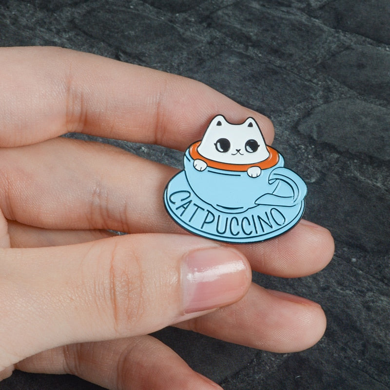 Cat coffee Enamel pin Coffee cup brooch Bag Clothes Lapel Pin Button Badge Cartoon cute animal Jewelry Gift for friends kids