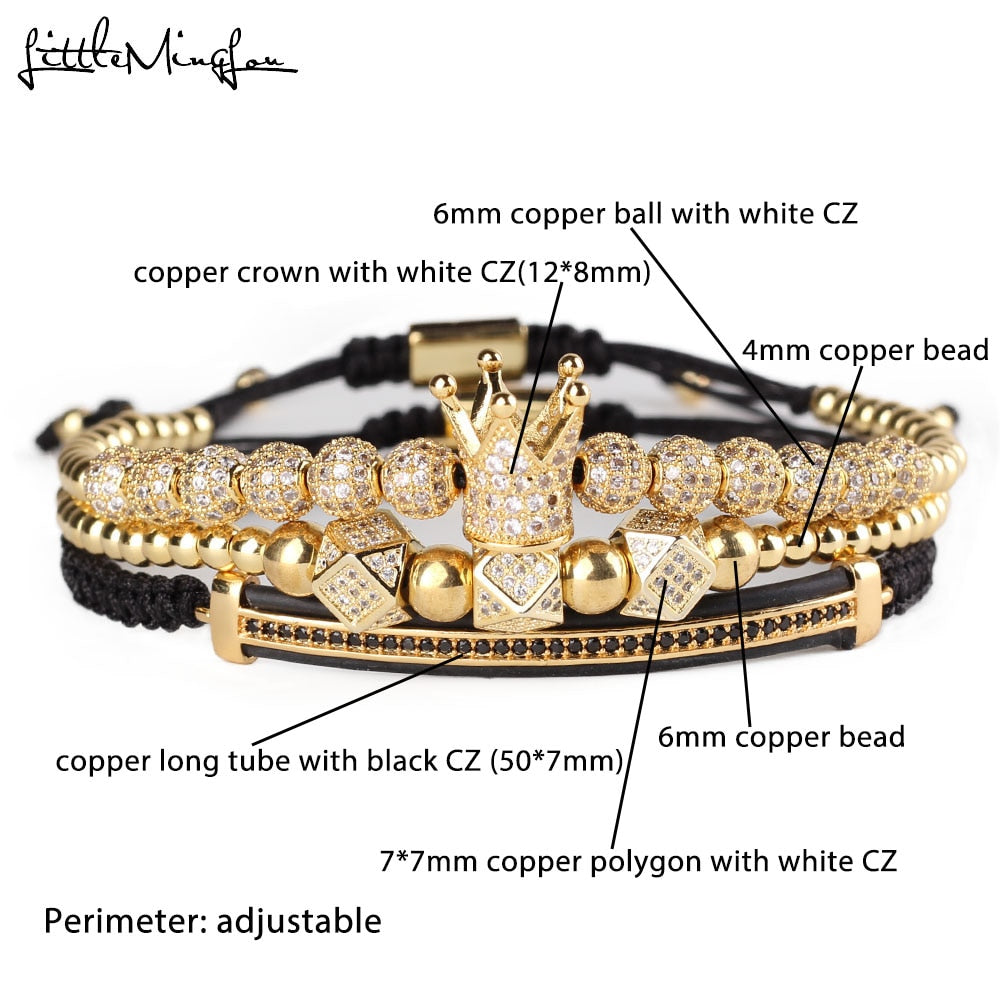 3pcs/set Luxury CZ polygon ball crown Charm copper bead Macrame handmade men Bracelets set bracelets & bangles for Men Jewelry