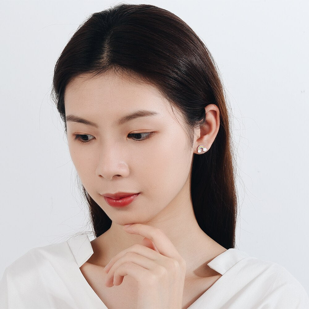 Sterling Silver Simple Cute Rainbow Cloud Asymmetric Stud Earrings With Earring Jewelry For Girls S-E956