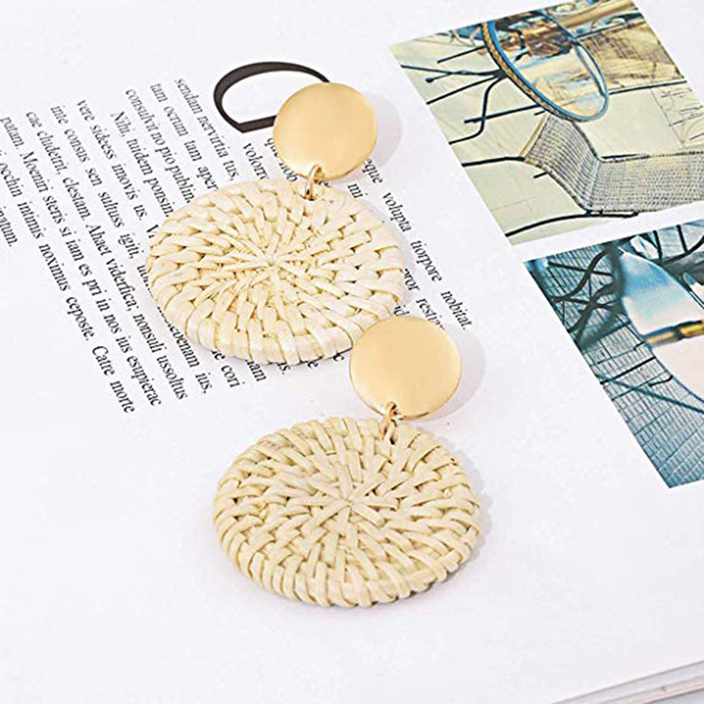 Rattan Round Cake Shaped Pendant Earrings Wooden Handmade Earrings