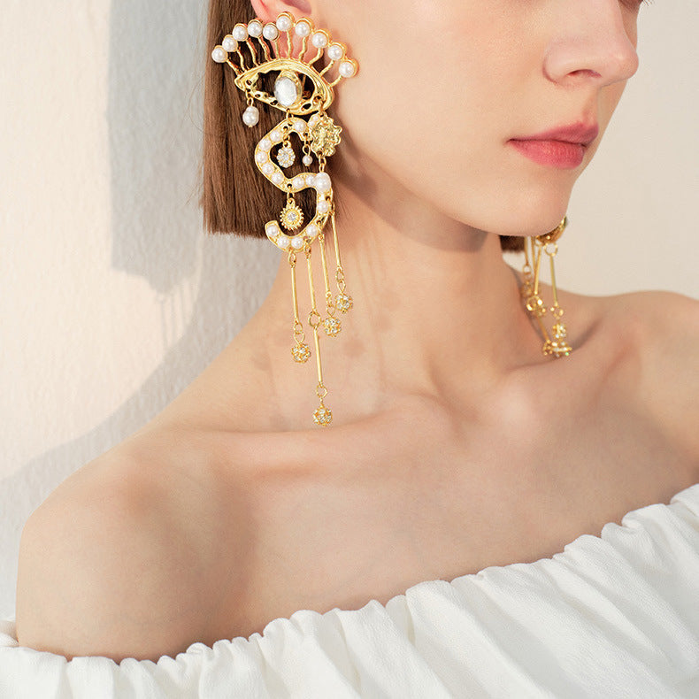 European and American Heavy Industries Exaggerated Personality Devil's Eye Pearl S Letter Tassel Large Earrings Light Luxury High End Earrings