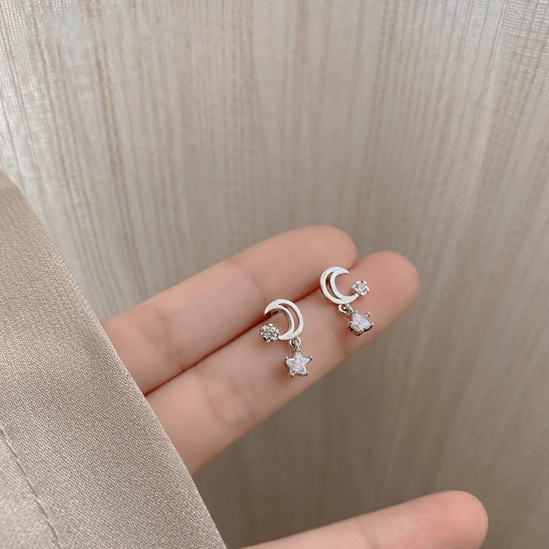 S925 Silver Needle Crystal Star Moon Earrings Star Earrings Female