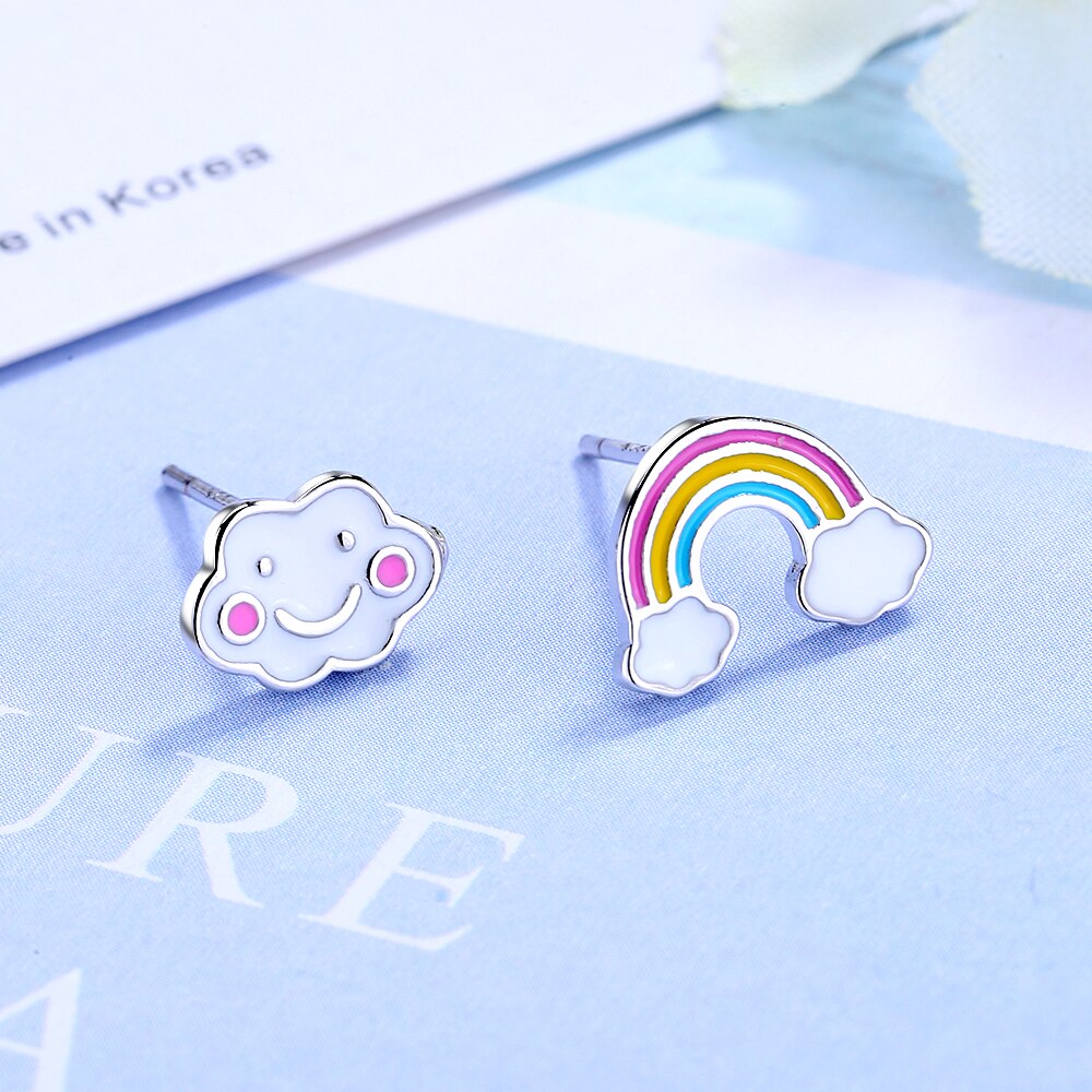 Sterling Silver Simple Cute Rainbow Cloud Asymmetric Stud Earrings With Earring Jewelry For Girls S-E956