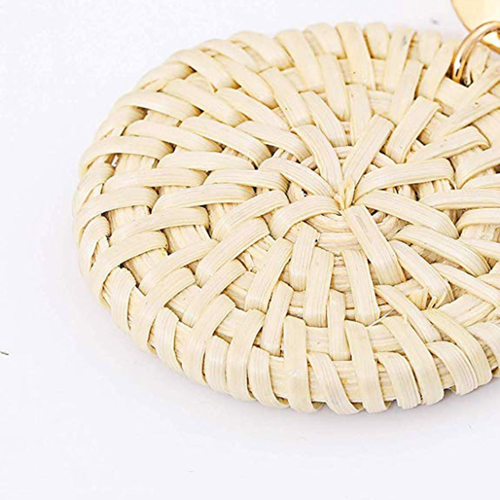 Rattan Round Cake Shaped Pendant Earrings Wooden Handmade Earrings