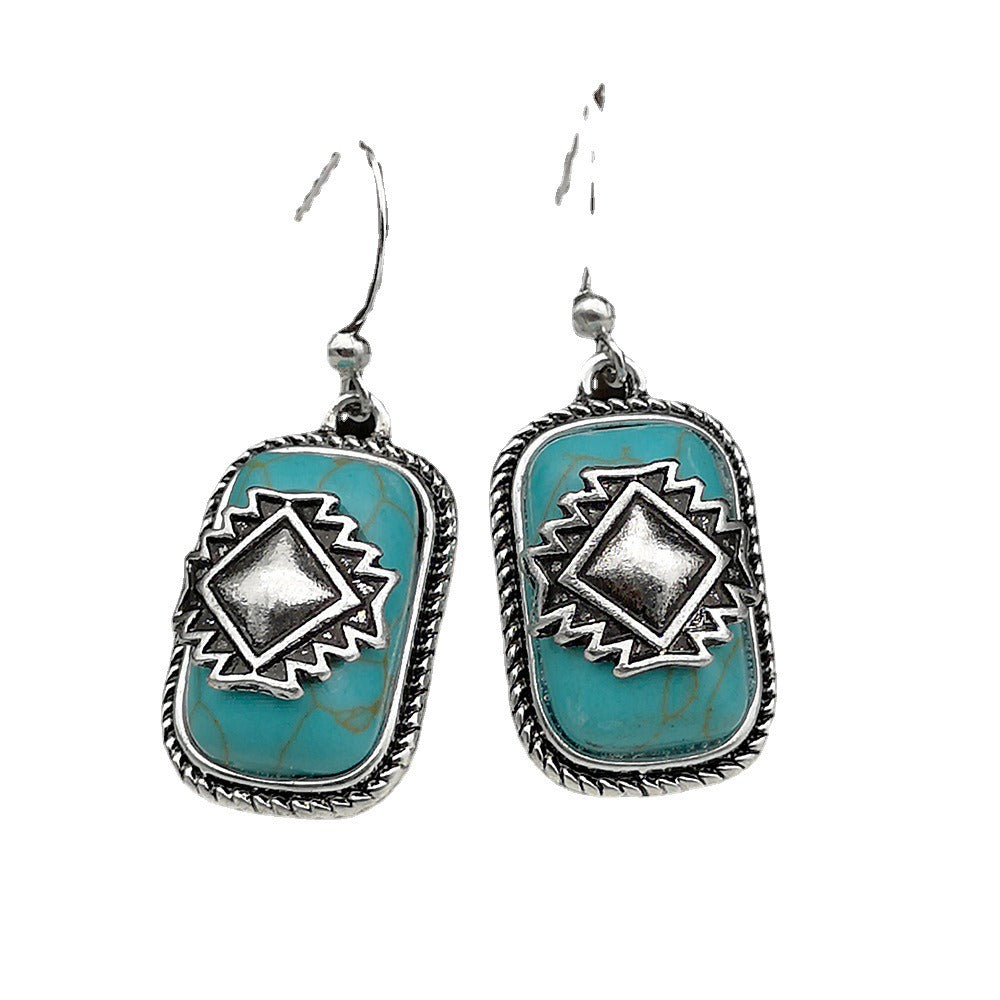 European and American National Shield Vintage Earrings 925 Green Turquoise Earrings