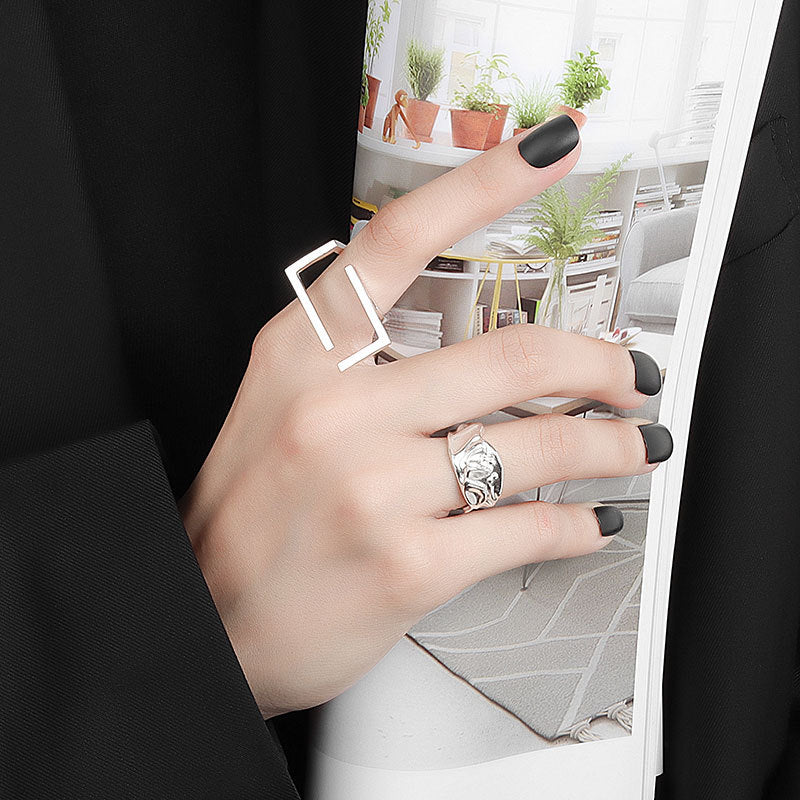 Silver Color  Rings  Irregular Hollow Rectangle Rings  For Women Unique Design Handmade Jewelry Gift