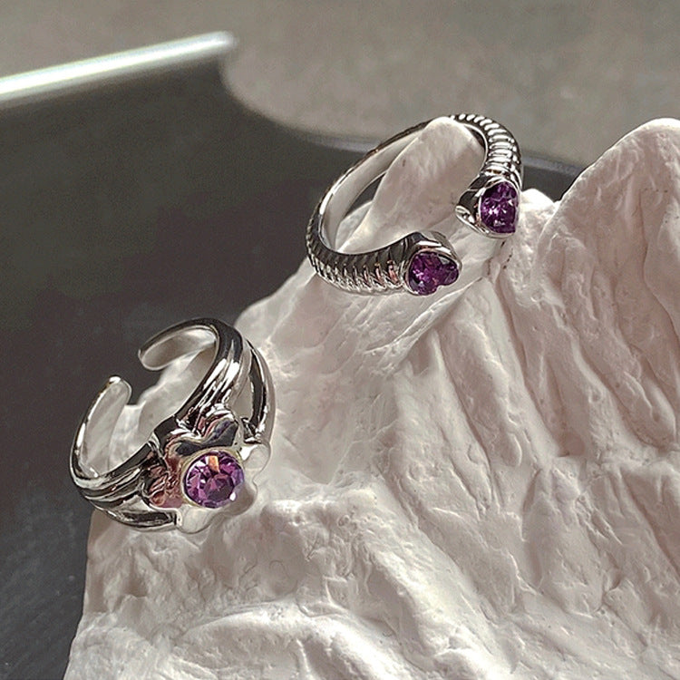 Niche design sense zircon love flower ring set female retro personality simple and versatile temperament ring with adjustable opening