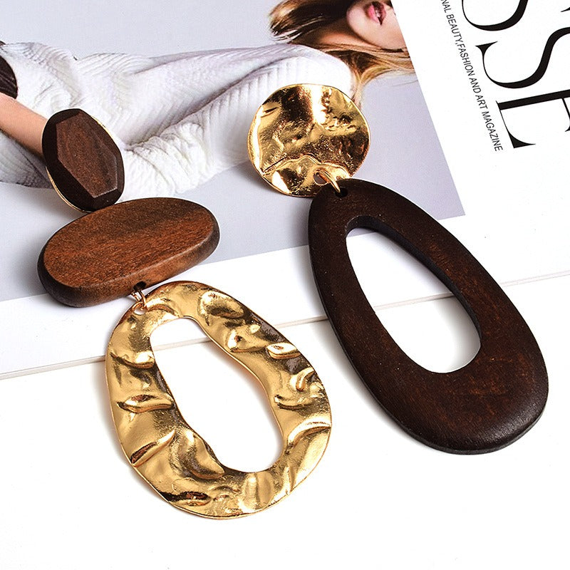 Wooden metal long earrings
