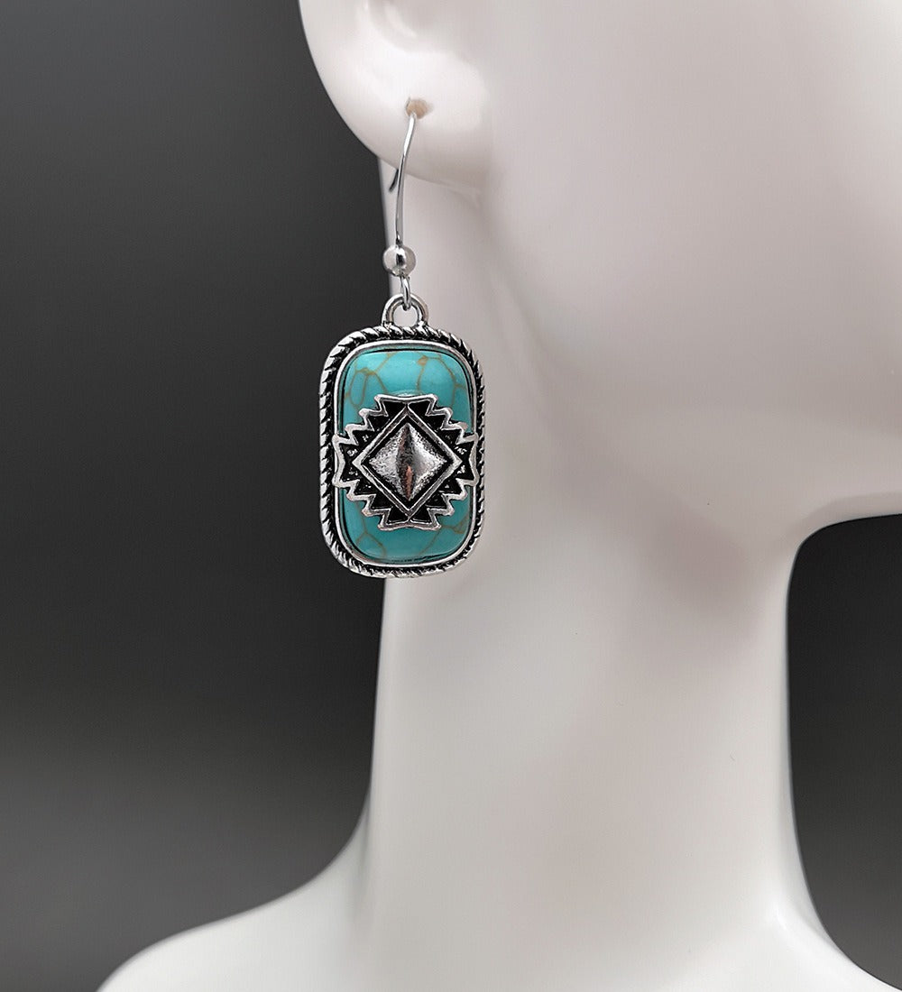 European and American National Shield Vintage Earrings 925 Green Turquoise Earrings
