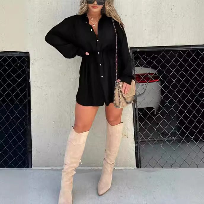 Fashion solid color long sleeved shirt jumpsuit