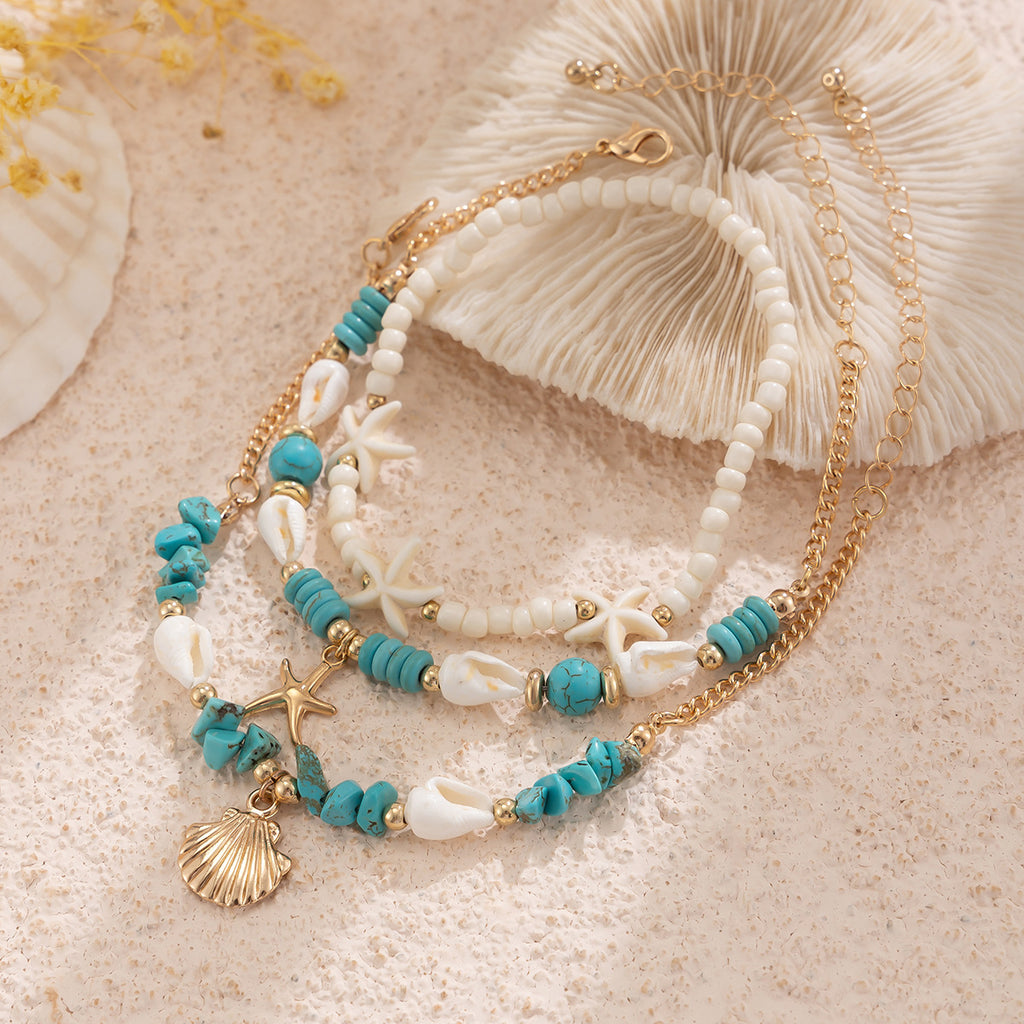 Vacation beach style turquoise set with special dense chain, simple starfish multi-layer rice bead ankle chain