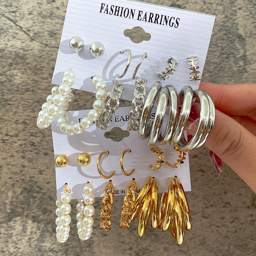 Earrings 3-piece set of geometric pearl circle earrings, chain earrings, round bead earrings, combination set