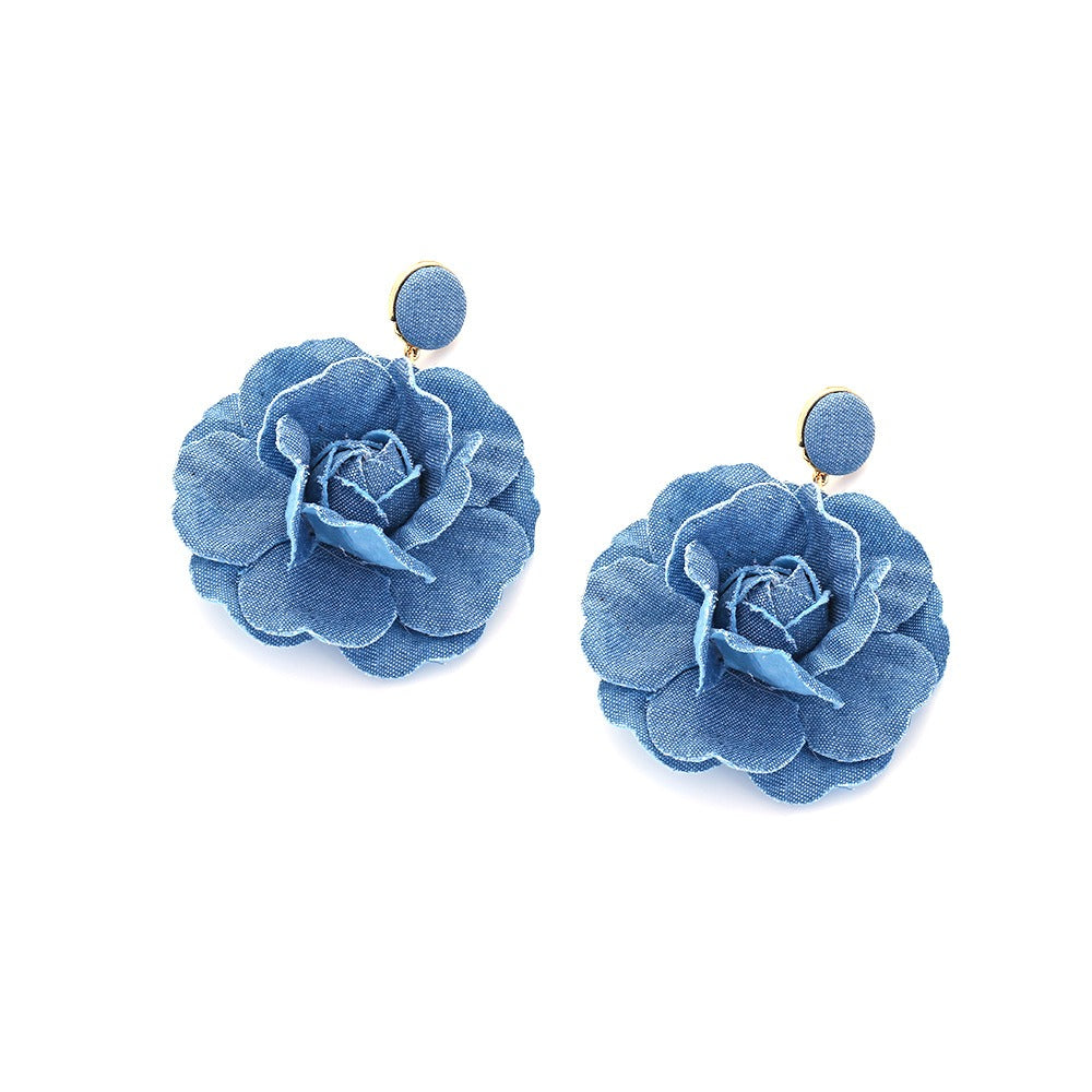 Handmade denim flower earrings vintage fabric rose flower earrings