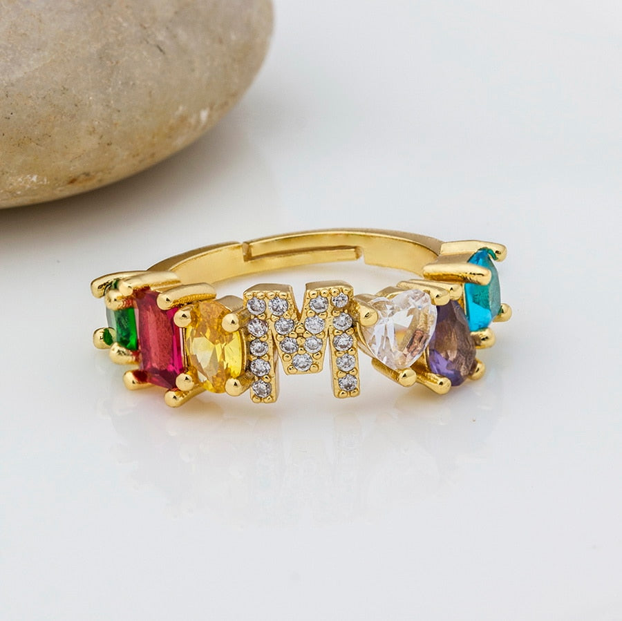 Hot Sale Adjustable A-Z Initial Ring Bohemian Copper Zircon  Rainbow Letter Rings for Women Girls Party Wedding Jewelry Gift
