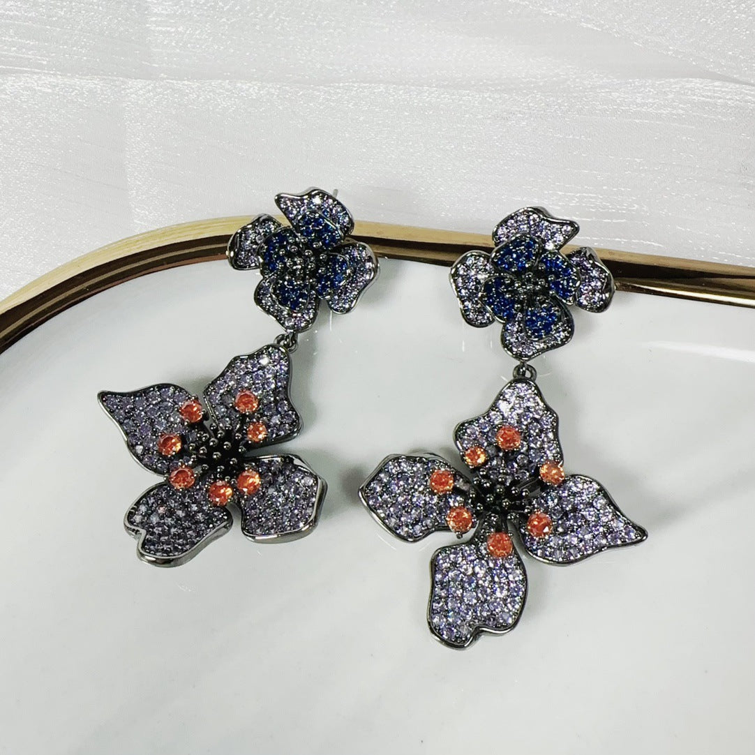 Fashionable and exquisite three-dimensional zirconium inlaid flower zircon earrings and earrings