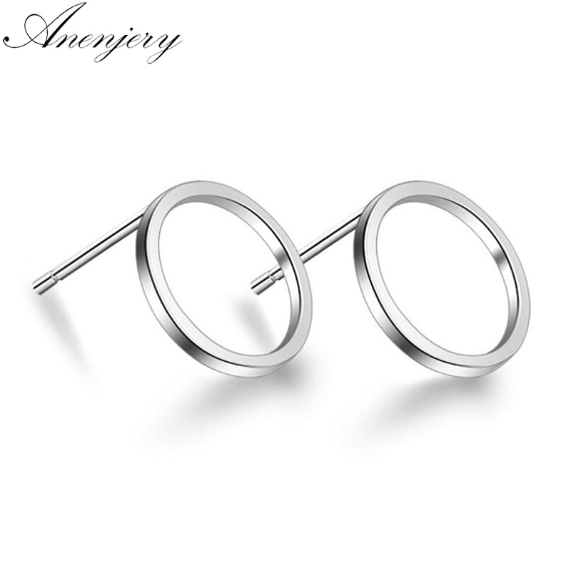 ANENJERY 925 Sterling Silver Simple Geometric Circle Square Triangle Stud Earrings For Women Gift Oorbellen S-E535