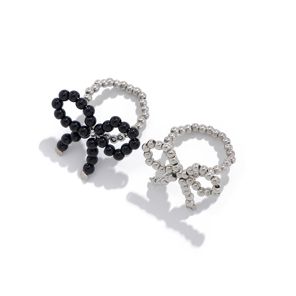 Sweet and Cool Metal Bow Rings Women's Pearl Beaded Open End Rings Bow Rings