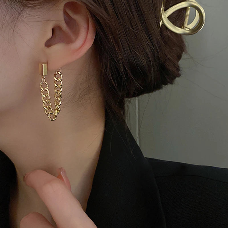 Silver Needle Metal Style Chain Tassel Earrings Fashion Long Earrings