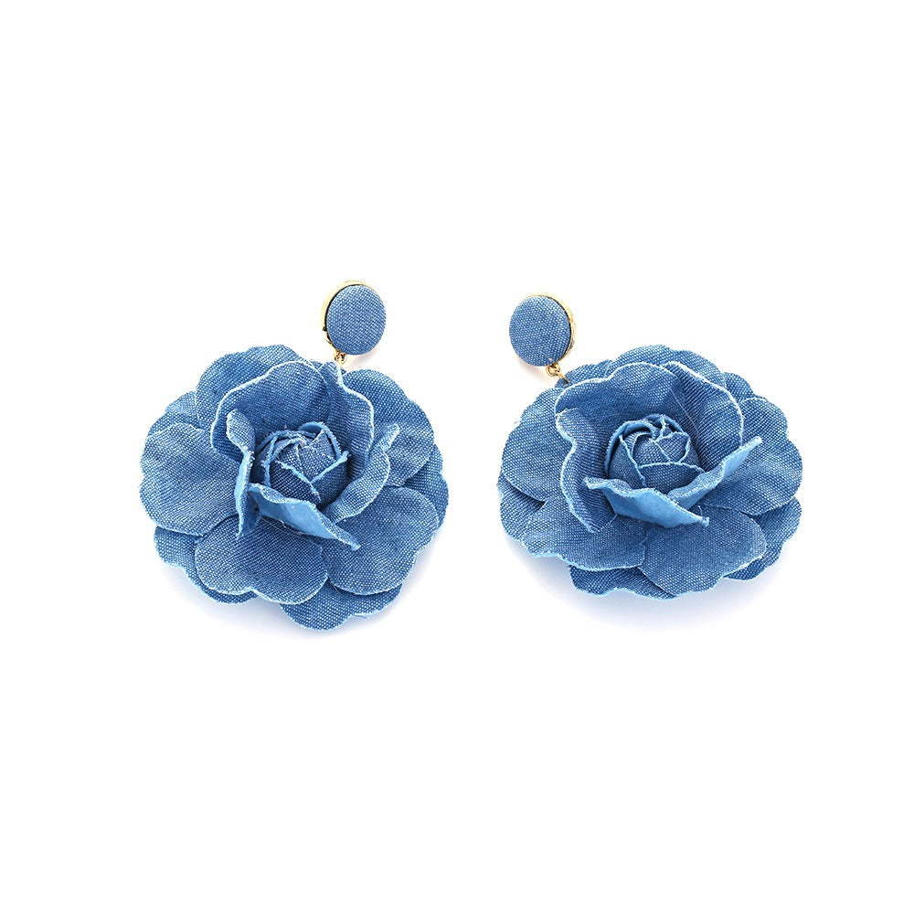 Handmade denim flower earrings vintage fabric rose flower earrings