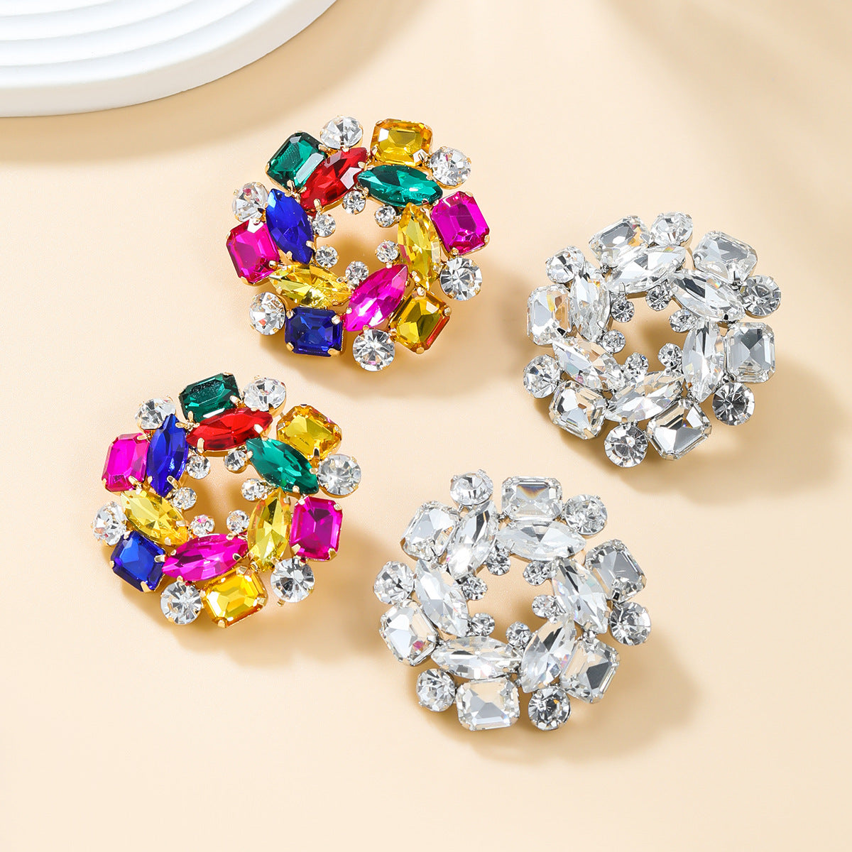 Exaggerated earrings, round floral earrings, women's full diamond banquet style, bridal earrings