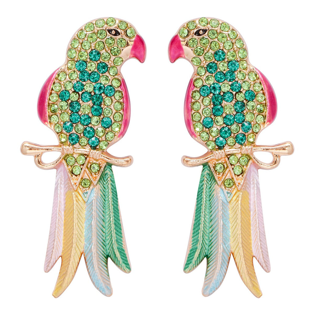 Retro full diamond colored cute animal bird lady earrings and earrings