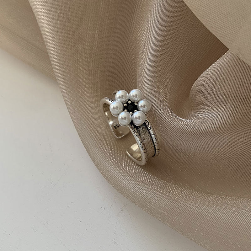 S925 Sterling Silver Rings for Women Fashion Simplicity Geometry Pearl Flower Adjustable Opening Rings Jewelry