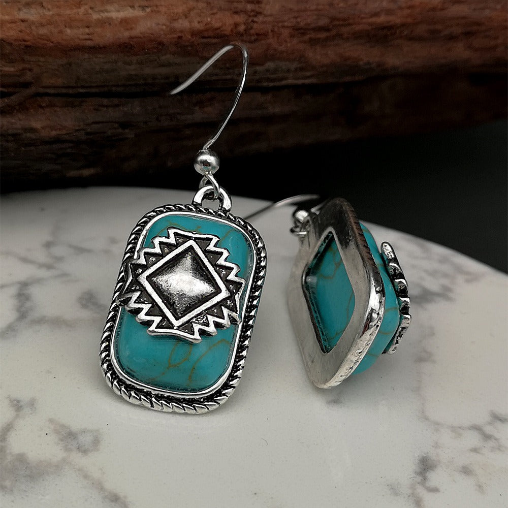 European and American National Shield Vintage Earrings 925 Green Turquoise Earrings