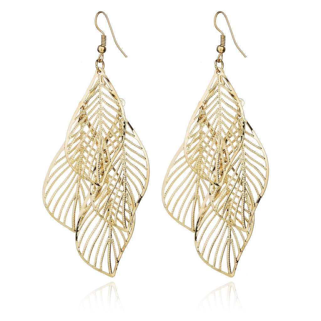 Simple and versatile, boastful leaf earrings for women, multi-layer metal hollowed out leaf earrings, earrings, and earrings