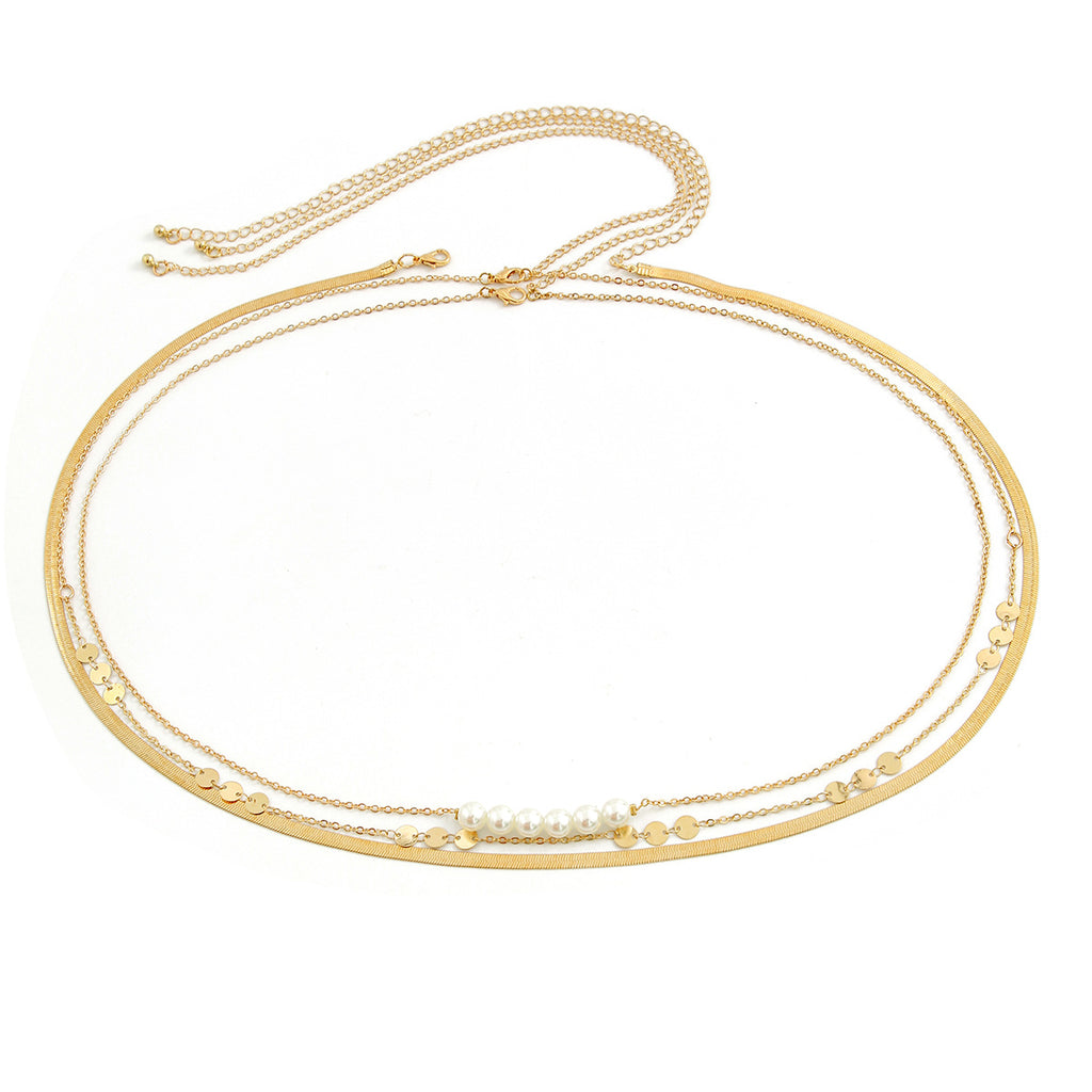 Three layer metal wind versatile waist chain WAIST CHAIN sexy imitation pearl body chain