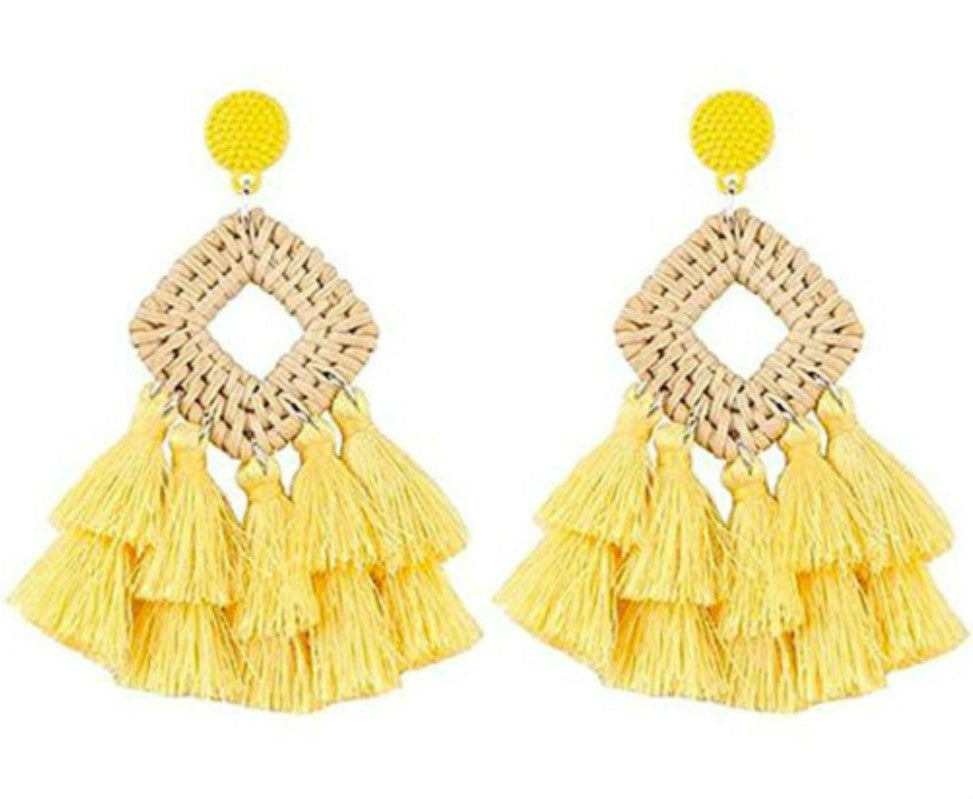 Vintage Bohemian Handmade Rattan Lafite Earrings Rattan Tassel Earrings