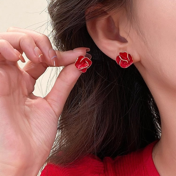 S925 Silver Needle French Camellia Earrings Red Flower Earrings